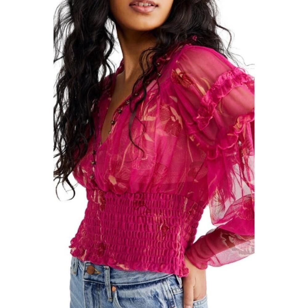Free People “Women’s Time To Shine”Mesh Top w/Brass Buttons Fuchsia Size S